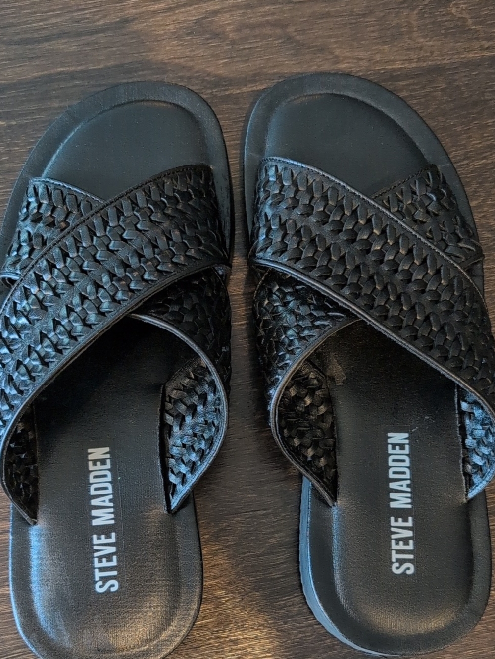 Steve Madden Black Braided Crossband Slide Sandals